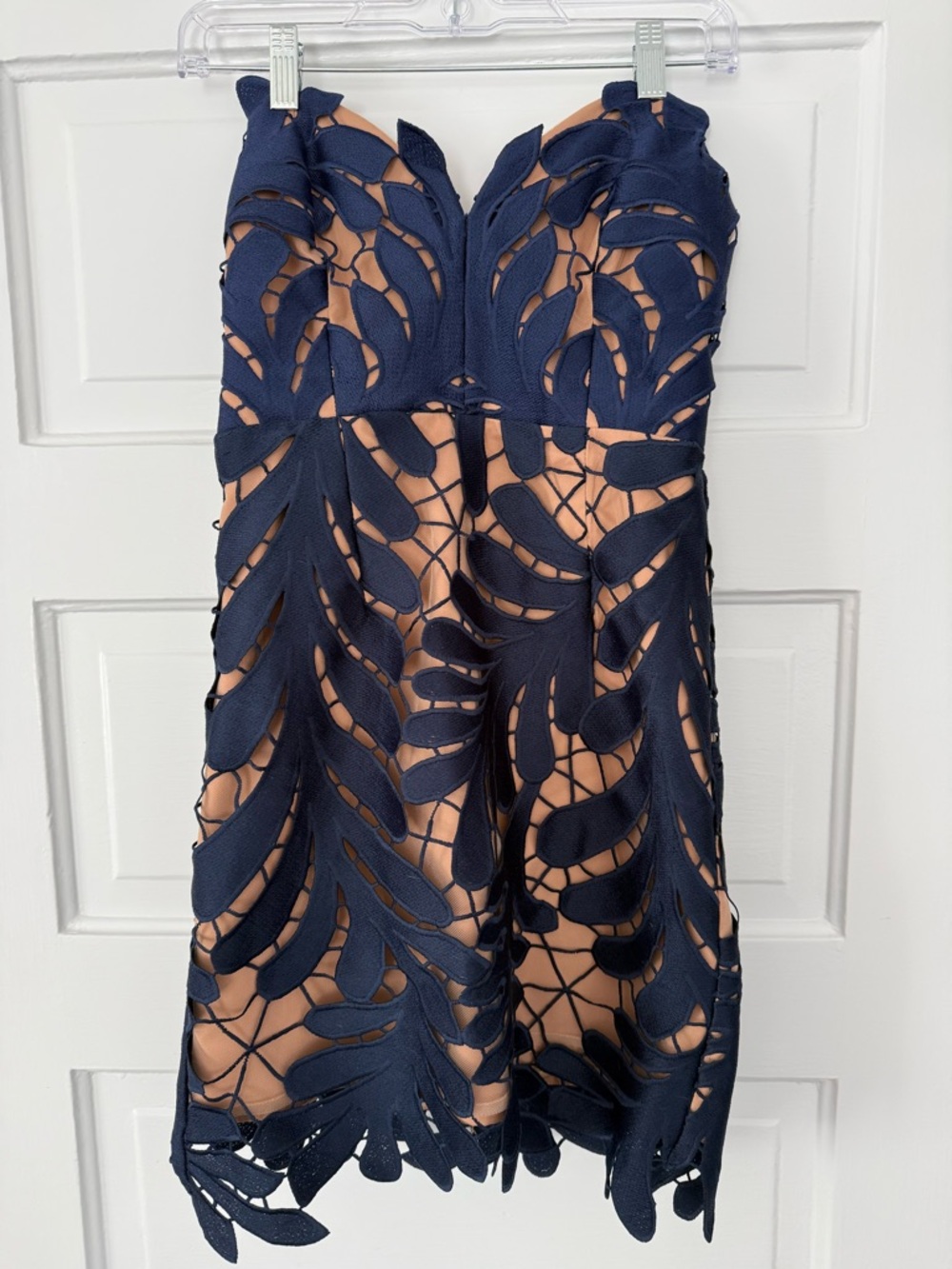 Navy Laser-Cut Leaf Overlay Strapless Dress